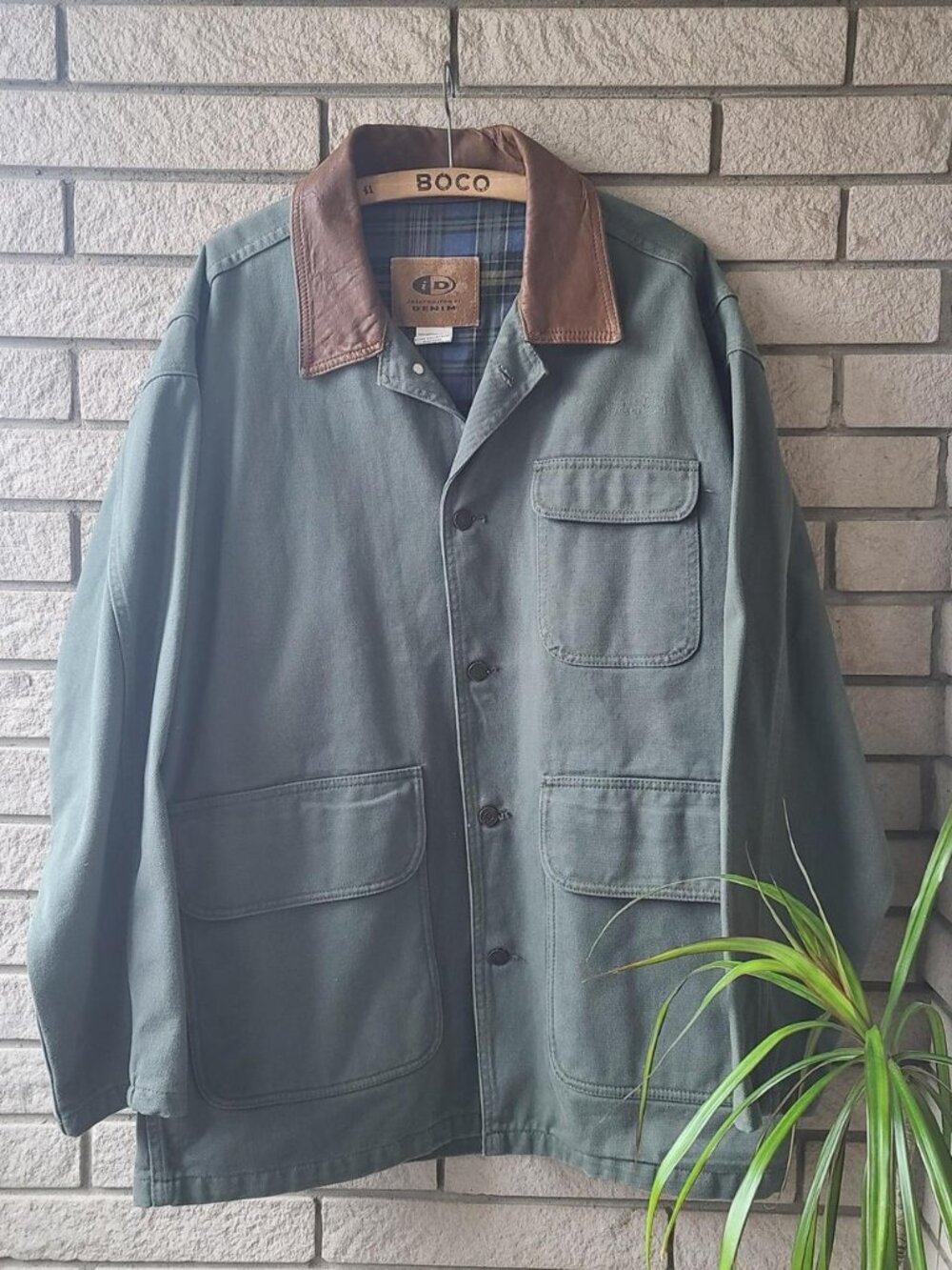Vintage 'International Denim' grey/brown button-up blanket lined chore jacket L